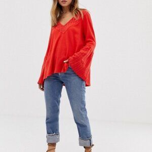 Free People Parisian Nights Vermillion Boho Eyelet Flared Sleeve Top Sz M
